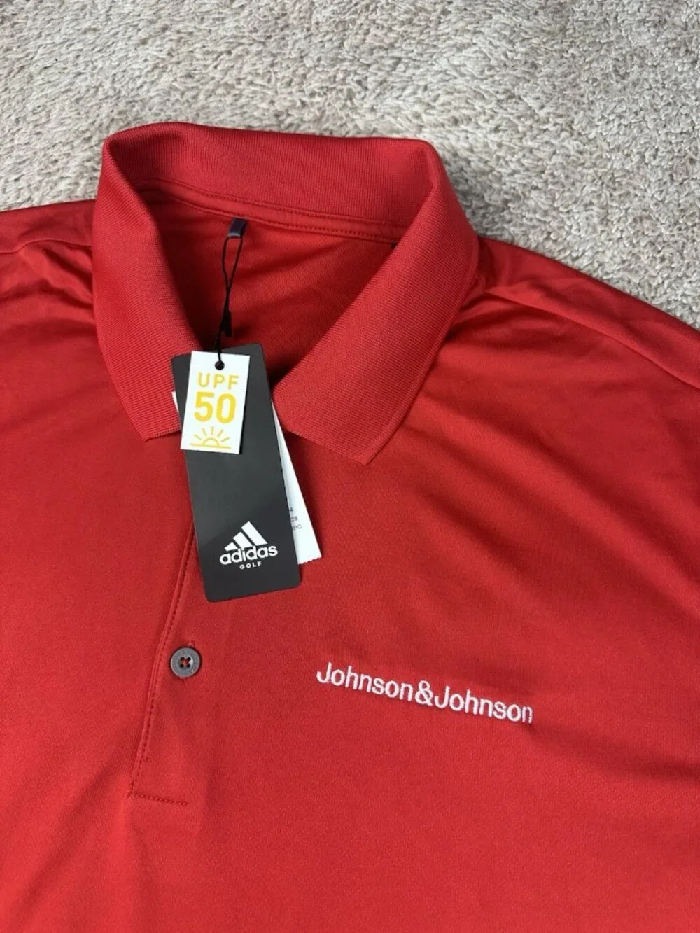 NWT Adidas Golf Polo Shirt Mens Large Red Johnson & Johnson Performance UPF 50+